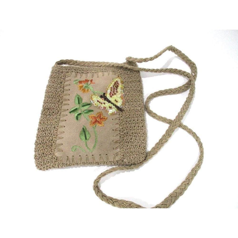 *BOHO Taupe Crochet Jute Sequin Butterfly Beaded Floral Crossbody Shoulder Bag